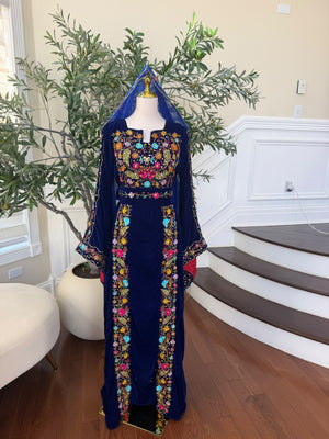Midnight Blue Velvet Thobe with Intricate Multicolor Embroidery(scarf not included)