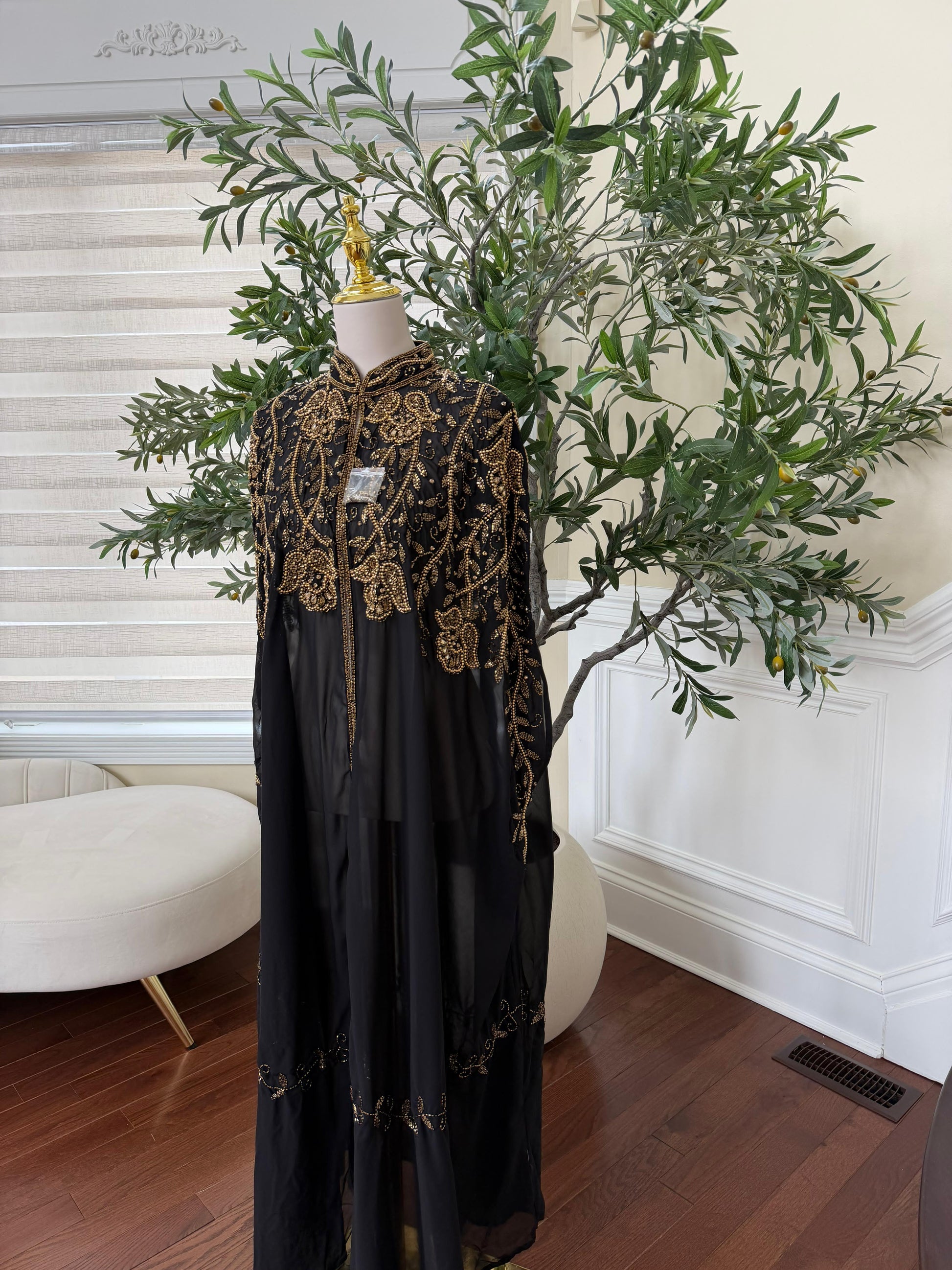 Golden Black Stone Beaded Cardigan Abaya