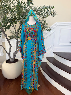 Turquoise Floral Embroidered Palestinian Thobe – Scarf Not Included