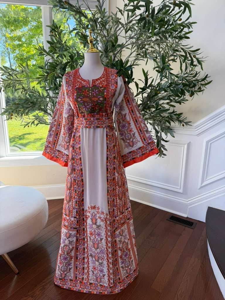 Beige Embroidery Orange Tatreez Thobe