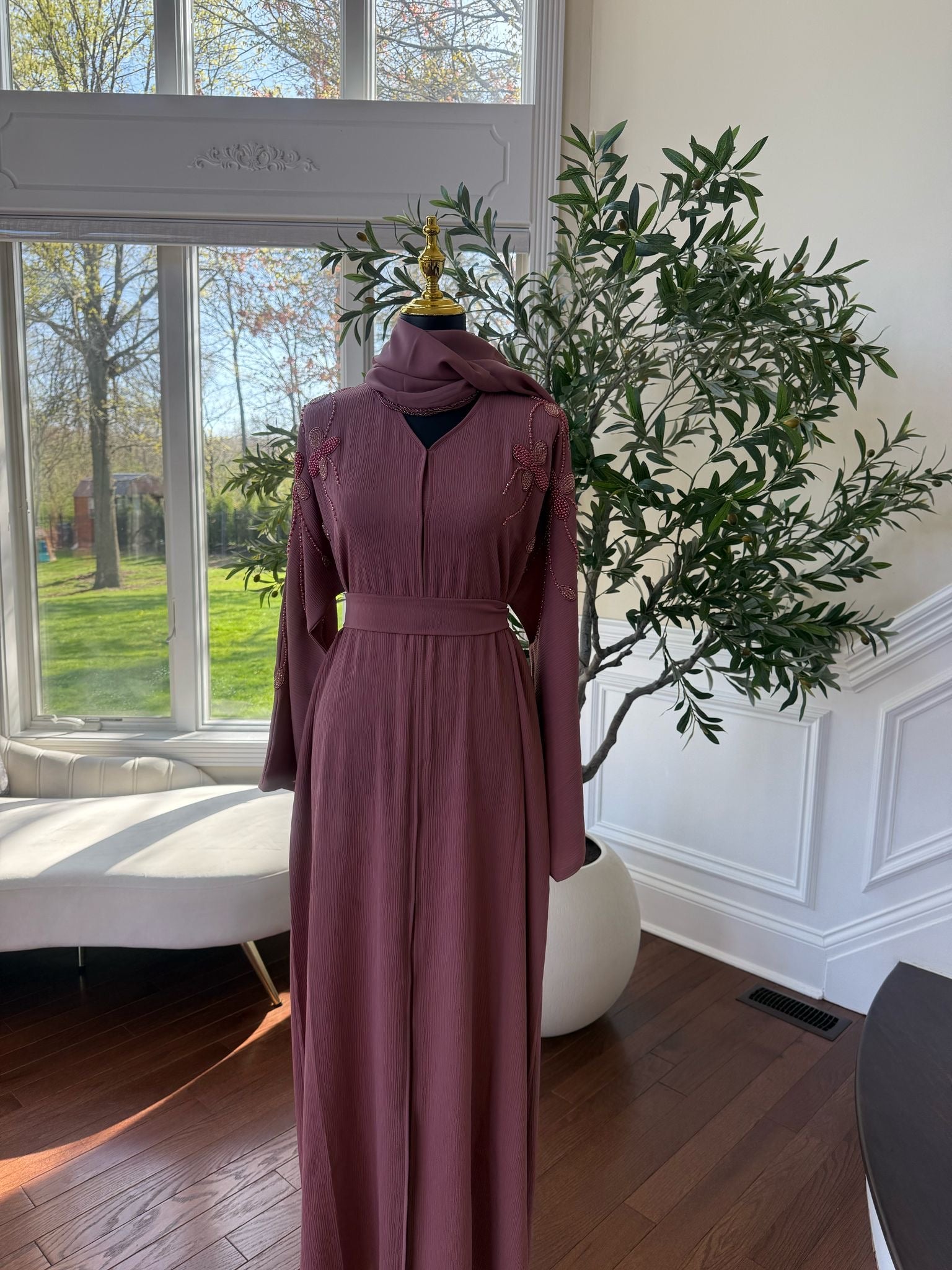 Rose Pink Beaded Abaya