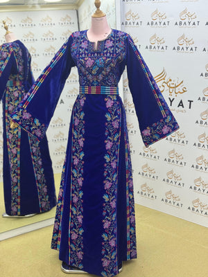 Premier Velvet Thobe With Wide Sleeves & Floral Tatreez