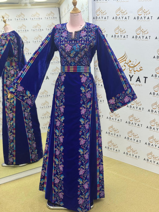 Premier Velvet Thobe With Wide Sleeves & Floral Tatreez