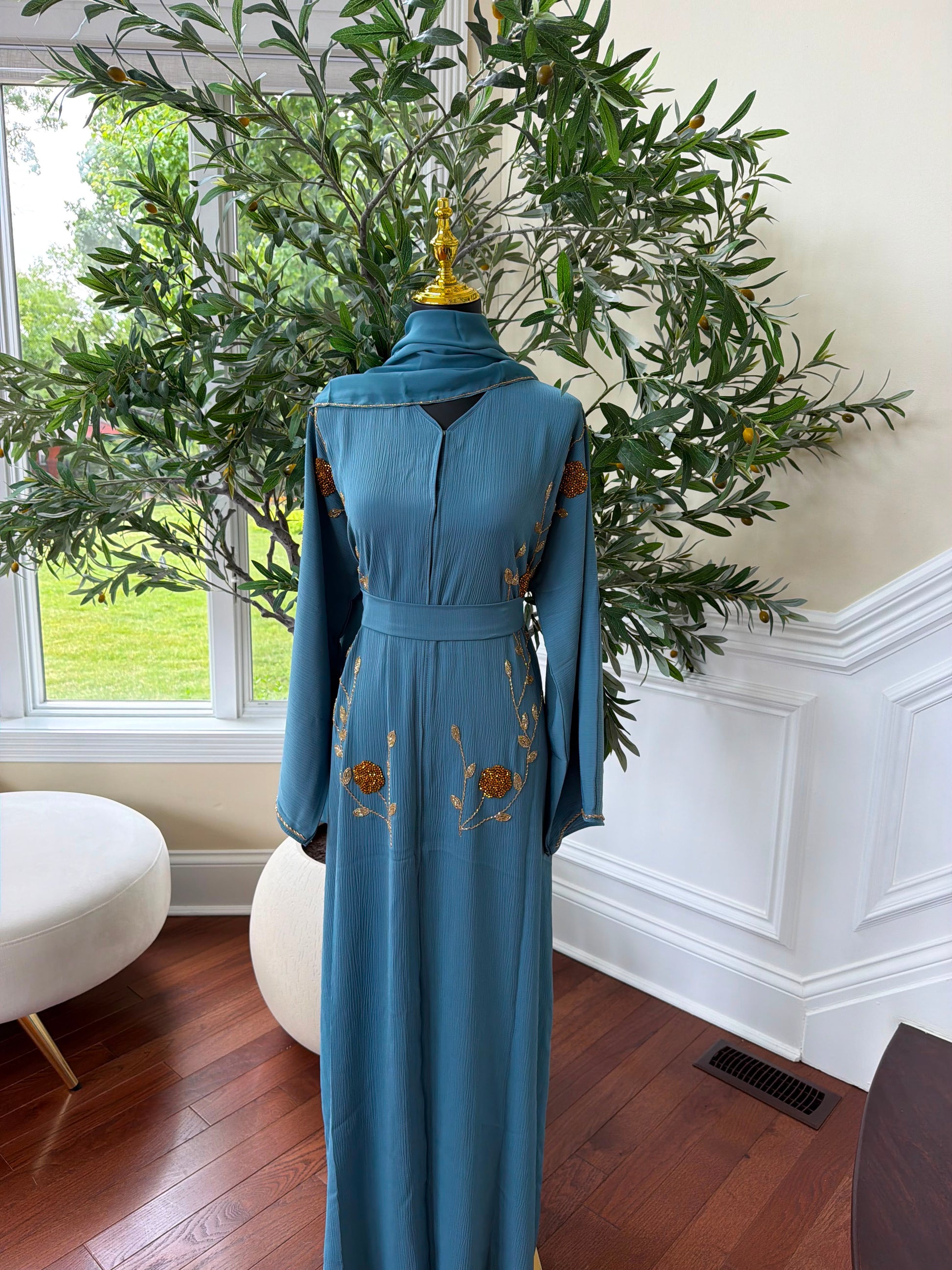 Deep Sky Golden Floral Abaya