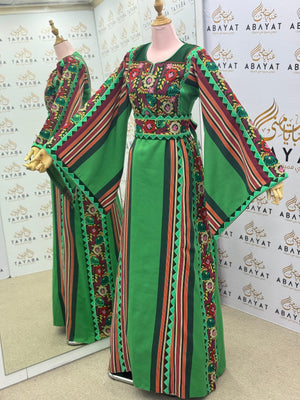 Vibrant Green Palestinian Thobe – Embroidered Tatreez Maxi Dress