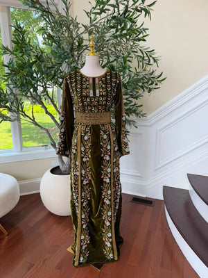 Velvet Olive Green Beaded Stone Thobe
