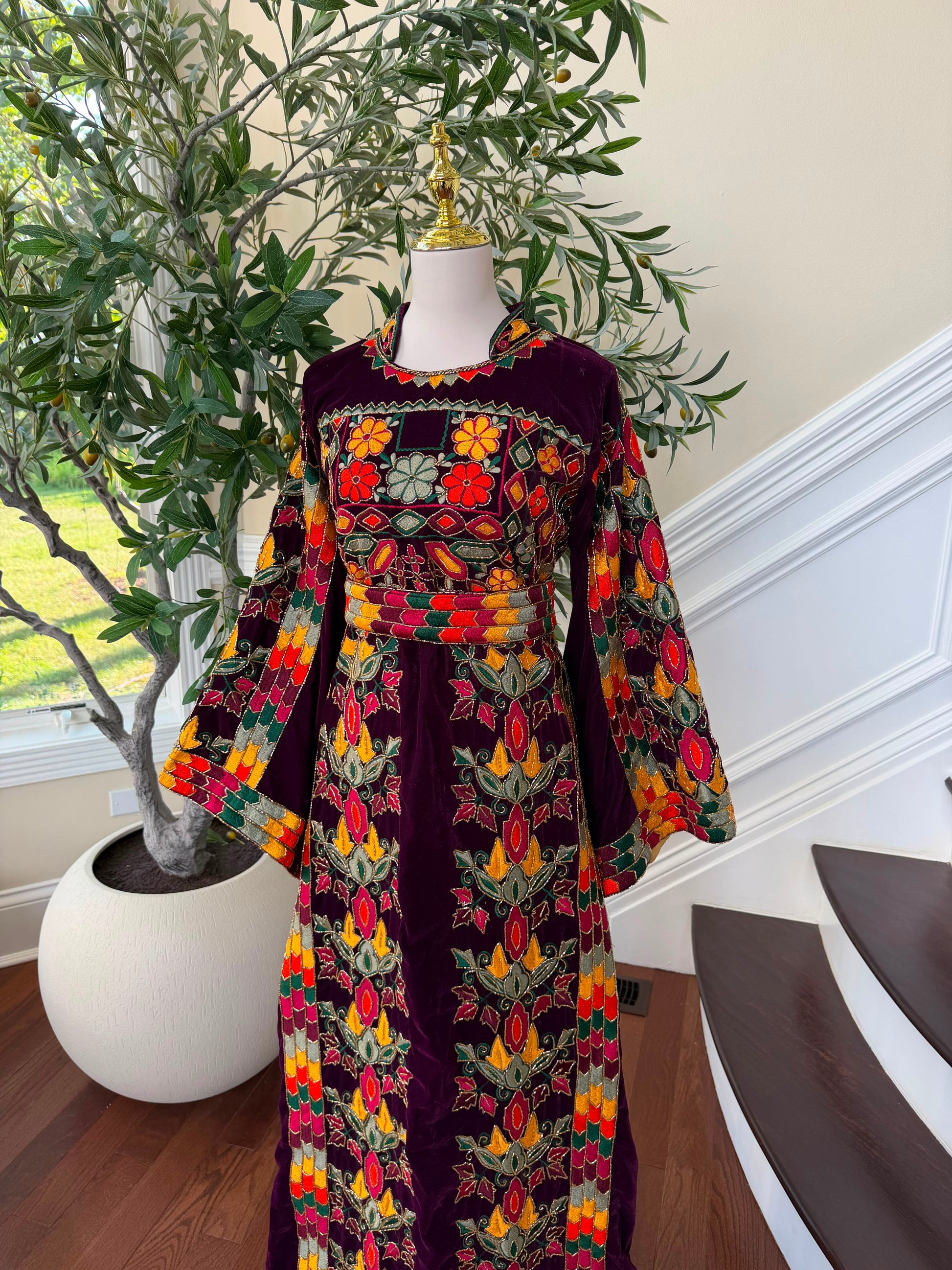 Burgundy Velvet Beaded Stone Thobe