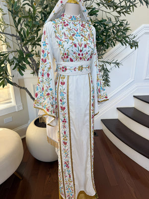 Elegant White Floral Embroidered Palestinian Thobe with Gold Detailing(scarf not included)