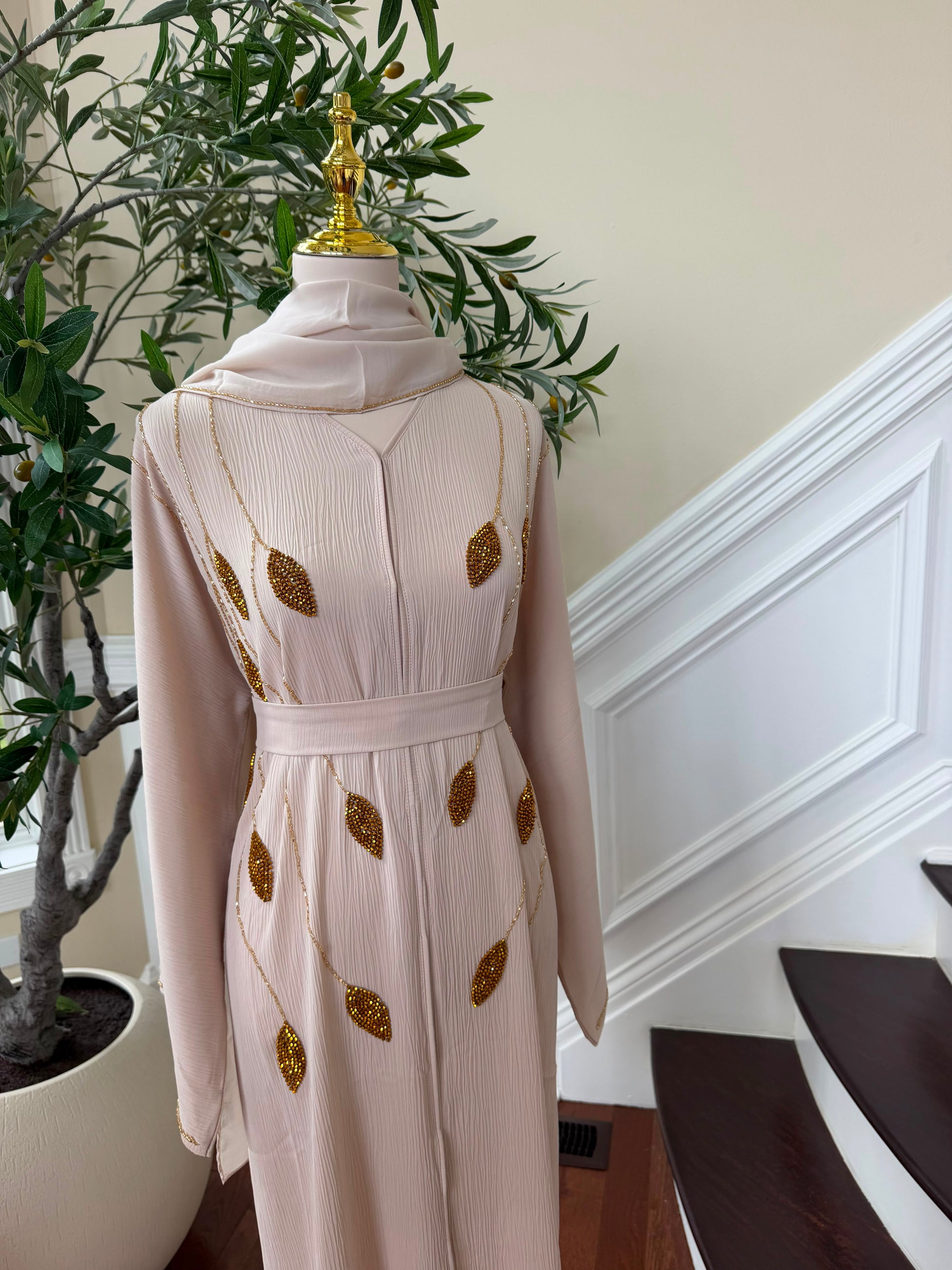 Cream Golden Beaded Essence Abaya