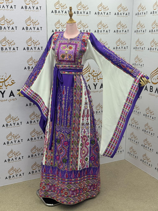 Purple & White Palestinian Embroidered Thobe – Traditional Tatreez A09042025