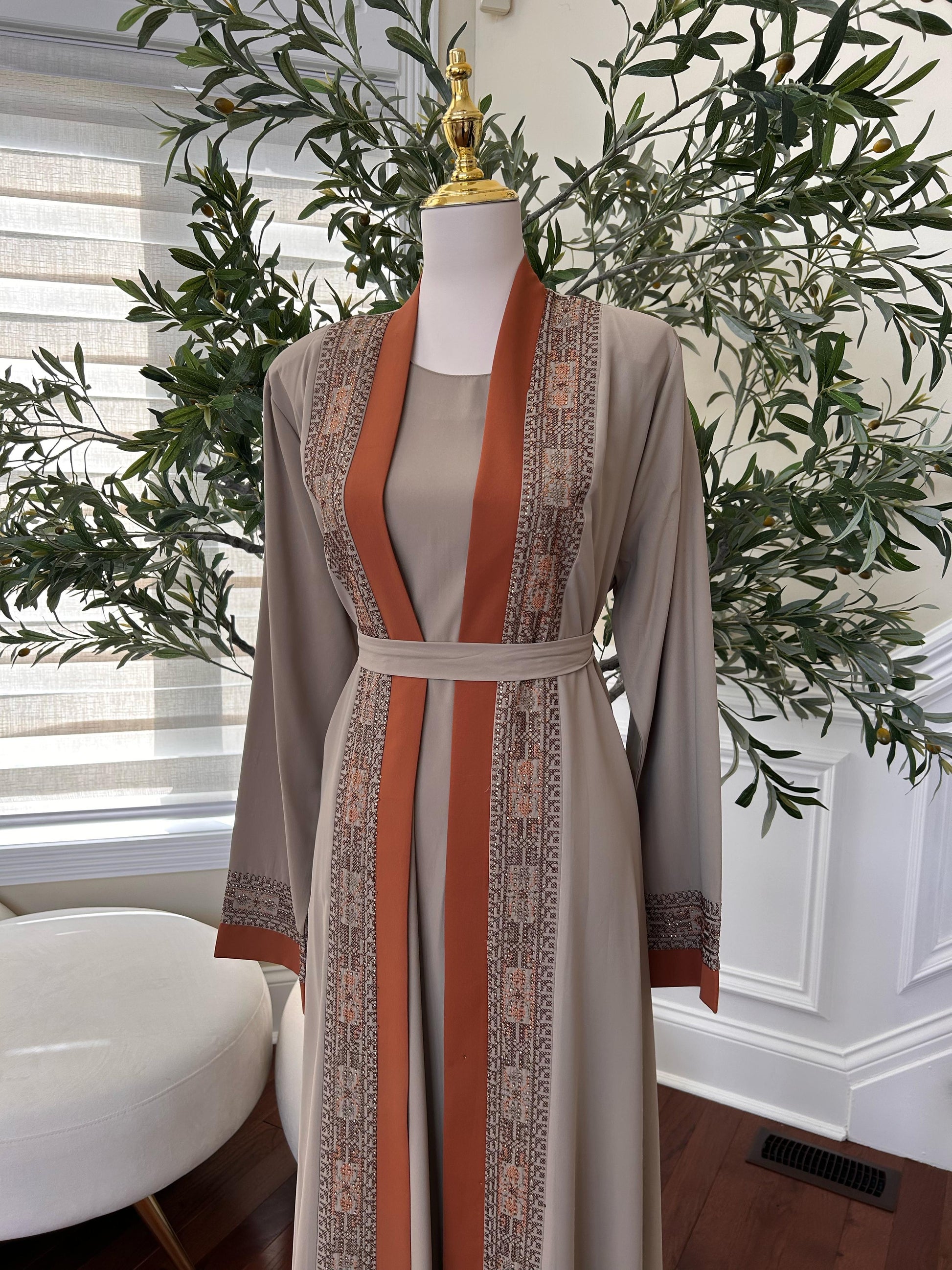 Tan Two Piece Tatreez Beaded Abaya