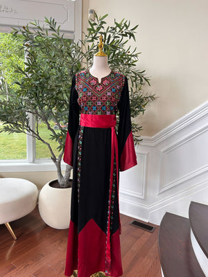 Black Tatreez Embroidery Thobe  Satin Red Detail