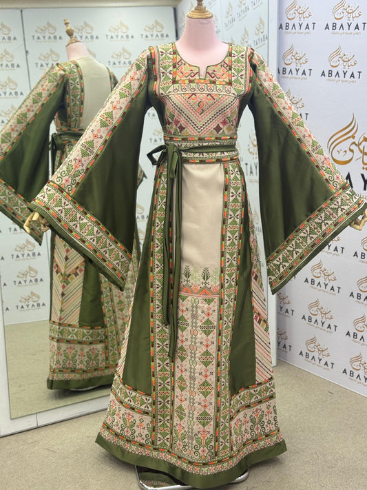 Classic Olive & Cream Traditional Embroidery Thobe