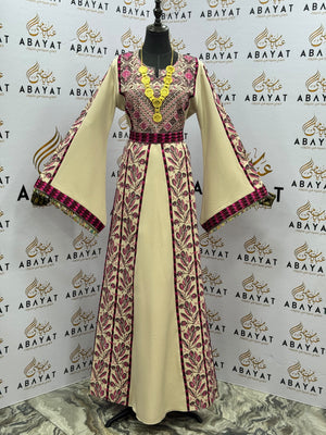 Ivory & Magenta Palestinian Embroidered Thobe