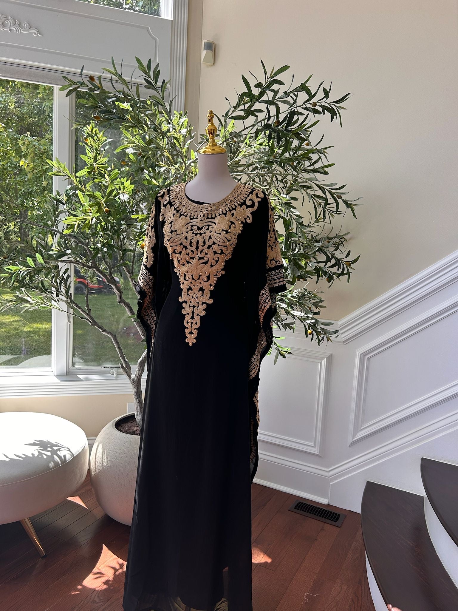 Luxury Black & Gold Embroidered Kaftan Gown
