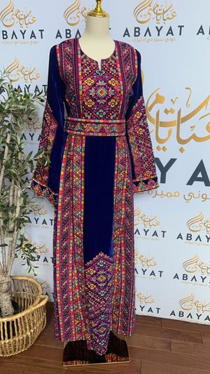 Refashioned Thoub with Exquisite Stone Embroidery on Luxurious Blue Velvet