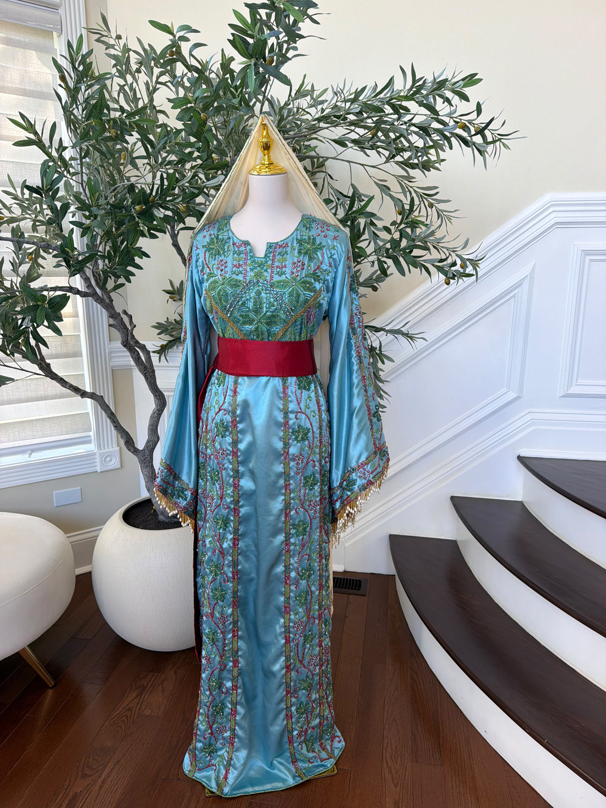 Elegant Sky Blue Satin Thobe with Intricate Green and Pink Floral Embroidery, Burgundy Belt(scarf not included)