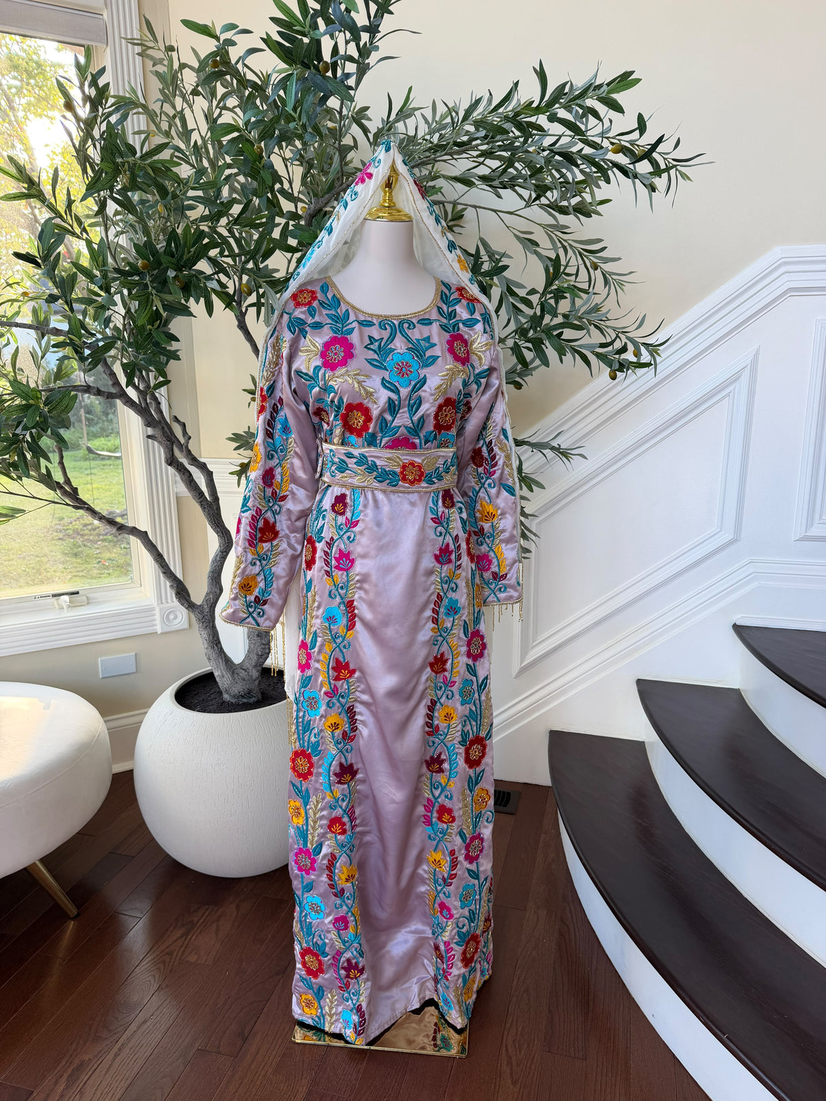 Blush Pink Palestinian Stone Thobe with Vibrant Multicolor Floral Embroidery(scarf not included)