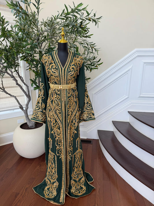 Golden Green Embroidery beaded Kuftan