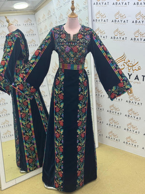 Luxury Palestinian Velvet Thobe – Black Floral Embroidery Janzari Color