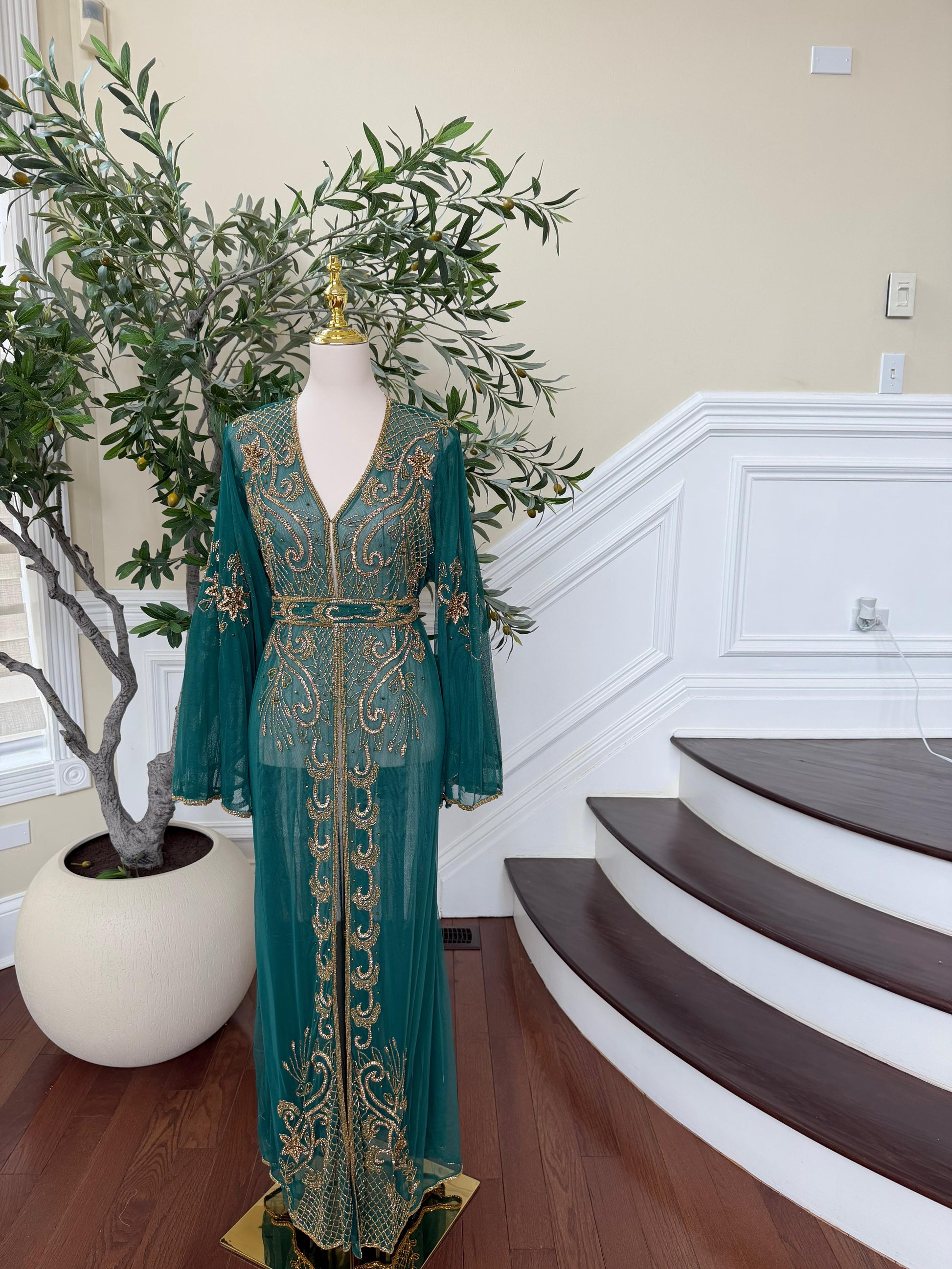 Emerald Green Stone Cardigan Abaya