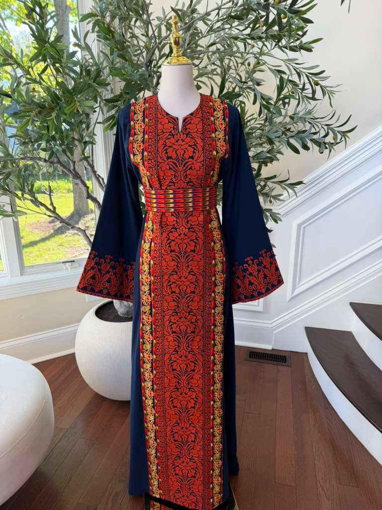 Blue Embroidery Red Tatreez Thobe