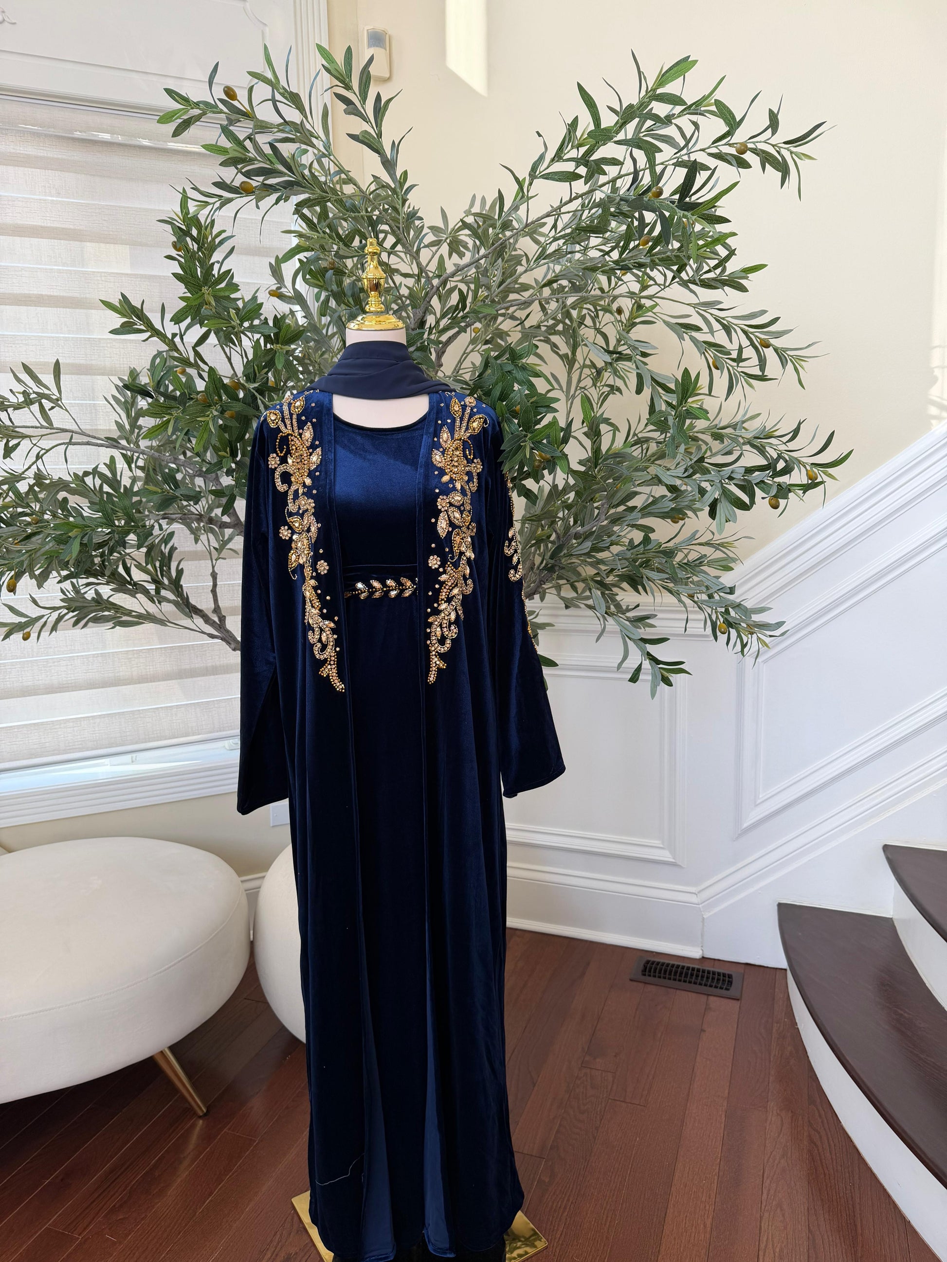 Navy Blue Golden Two Piece Charm Abaya