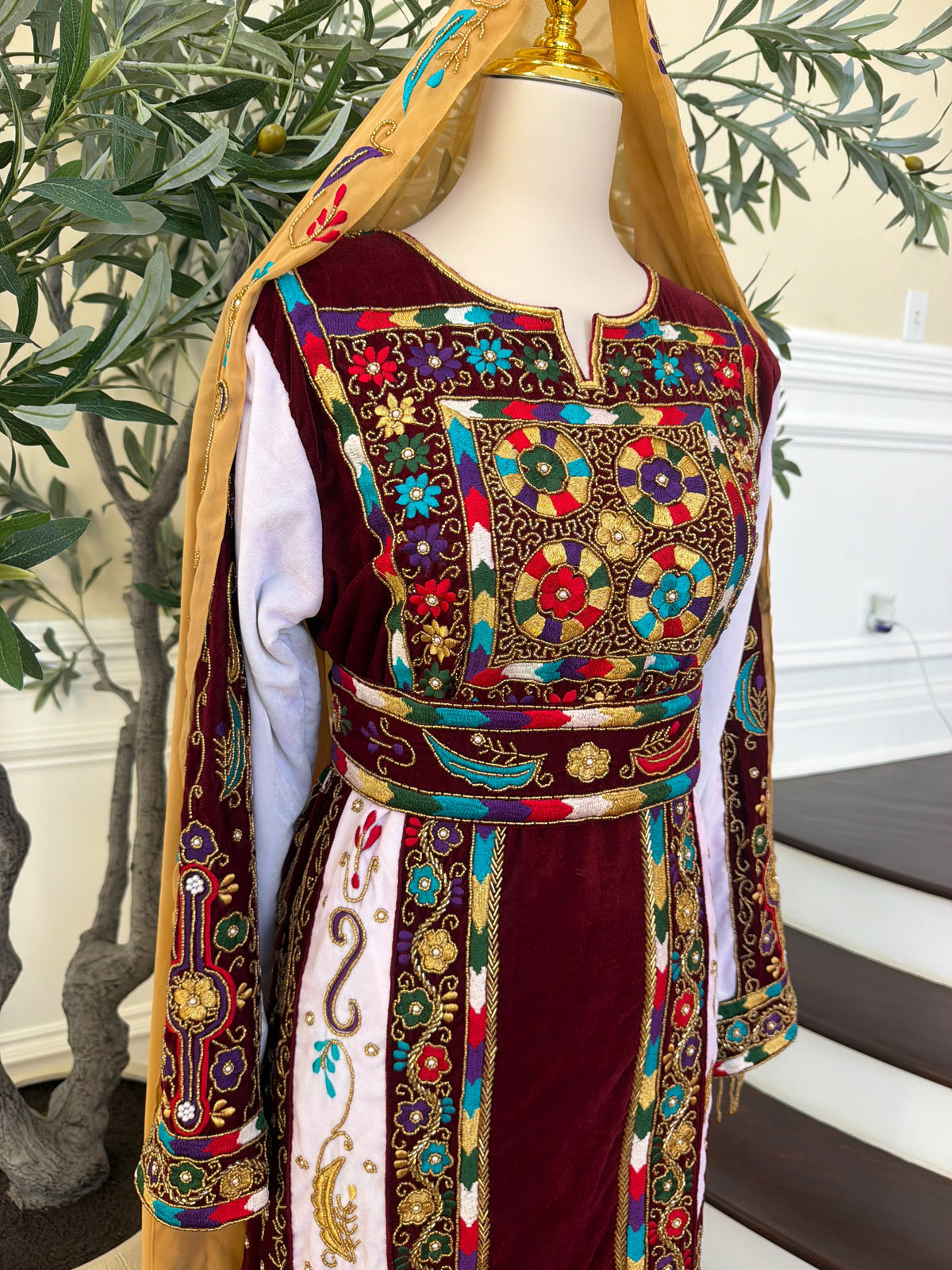 Elegant Burgundy Velvet Thobe with Colorful Embroidery and Matching Skirt included (scarf not included)