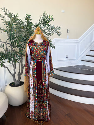 Elegant Burgundy Velvet Thobe with Colorful Embroidery and Matching Skirt included (scarf not included)