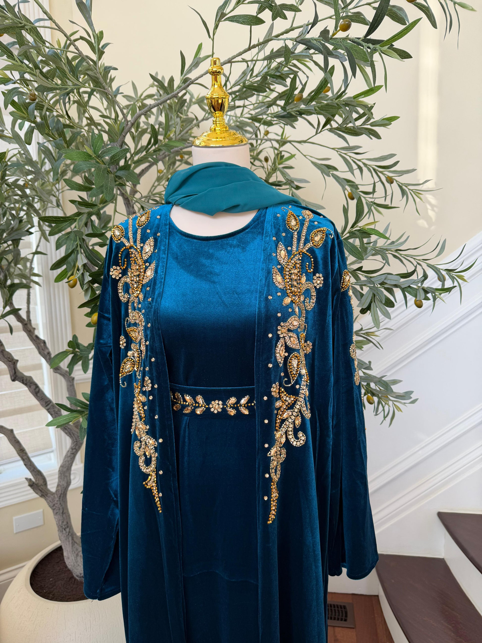 Turquoise Golden Crystal Two Piece Beaded Abaya