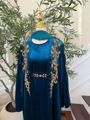 Turquoise Golden Crystal Two Piece Beaded Abaya