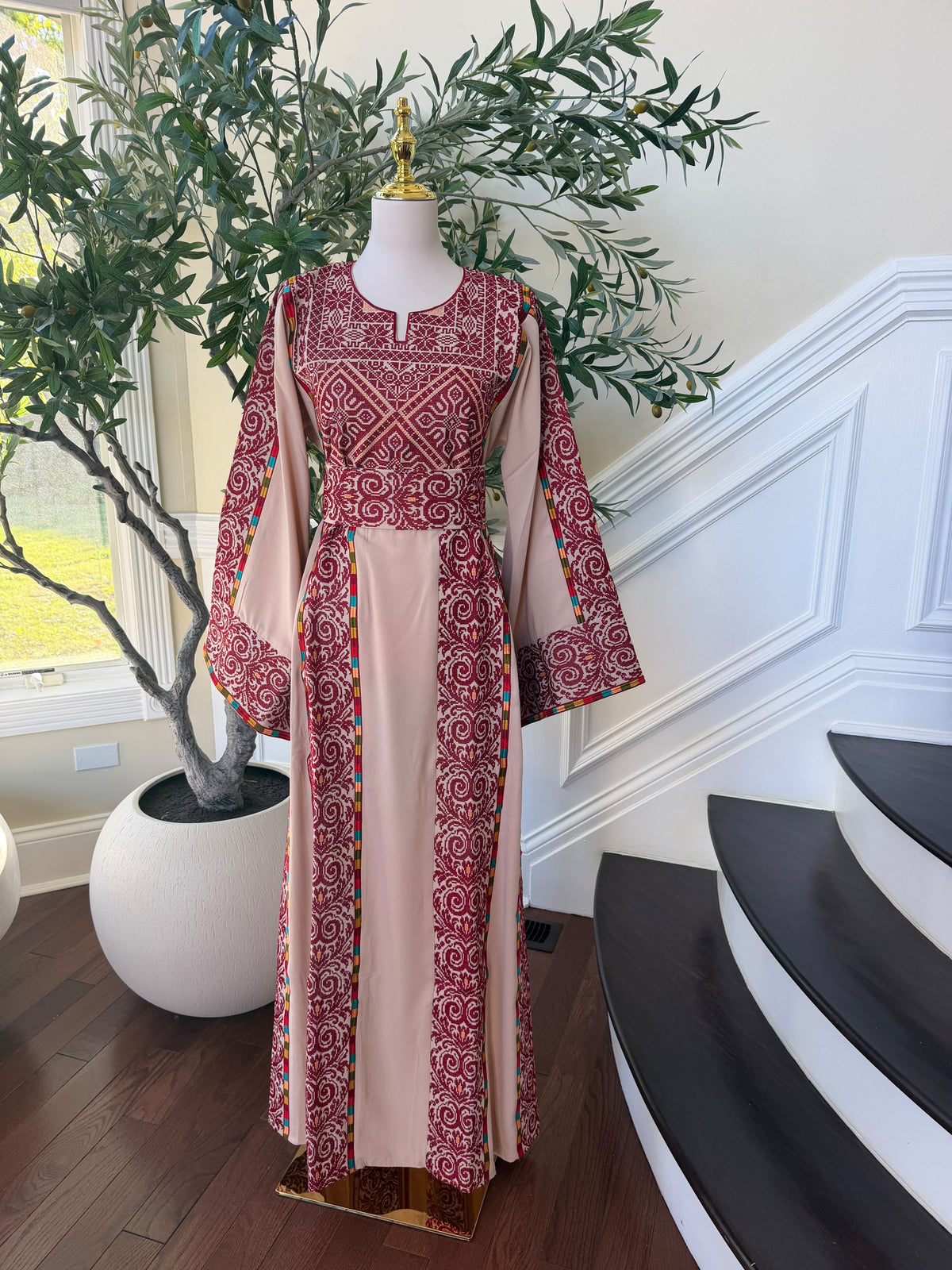 Elegant Blush Pink & Burgundy Embroidered Palestinian Thobe Dress