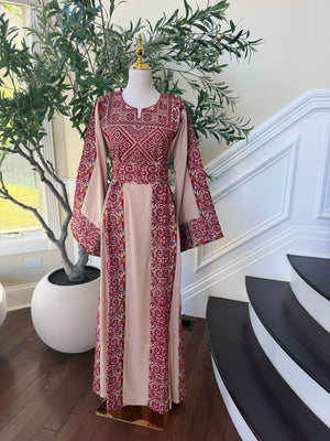 Elegant Blush Pink & Burgundy Embroidered Palestinian Thobe Dress