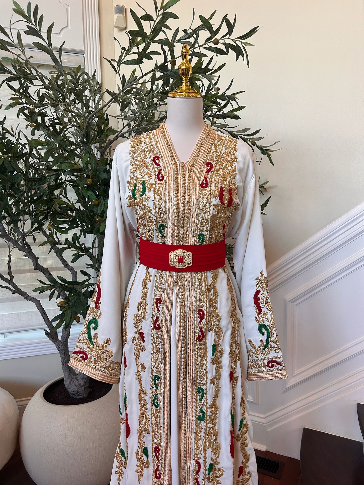 White and Red Detailed Kuftan
