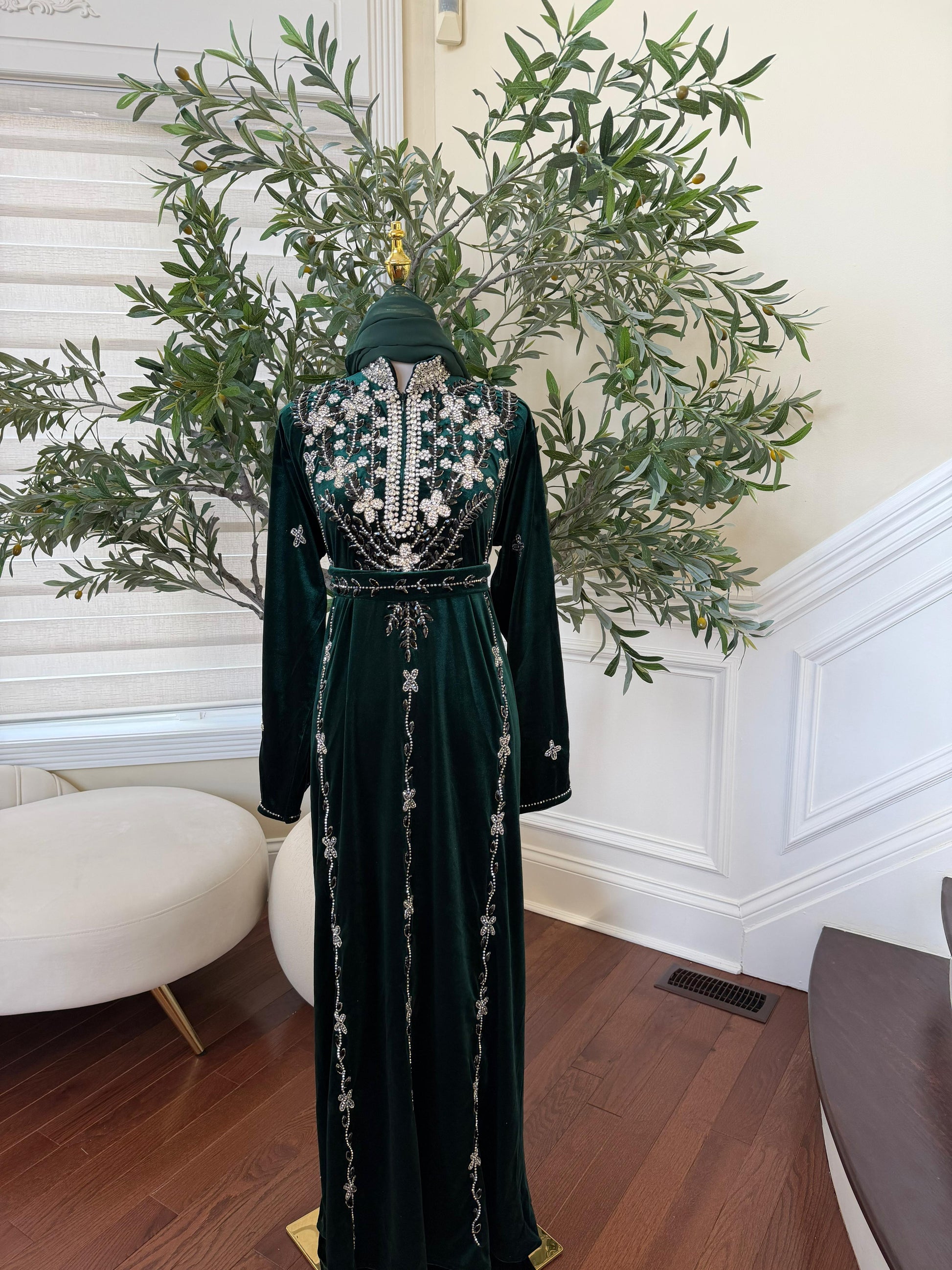 Green Velvet Crystal Elegance Beaded Abaya