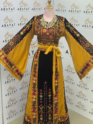 Premium Palestinian Malakah Velvet Thobe – Mustard Gold & Black Embroidery