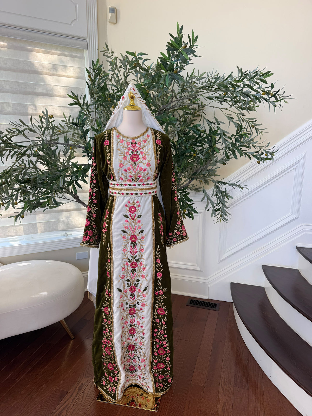 Elegant Olive Green Velvet Thobe with Pink Floral Embroidery(scarf not included)