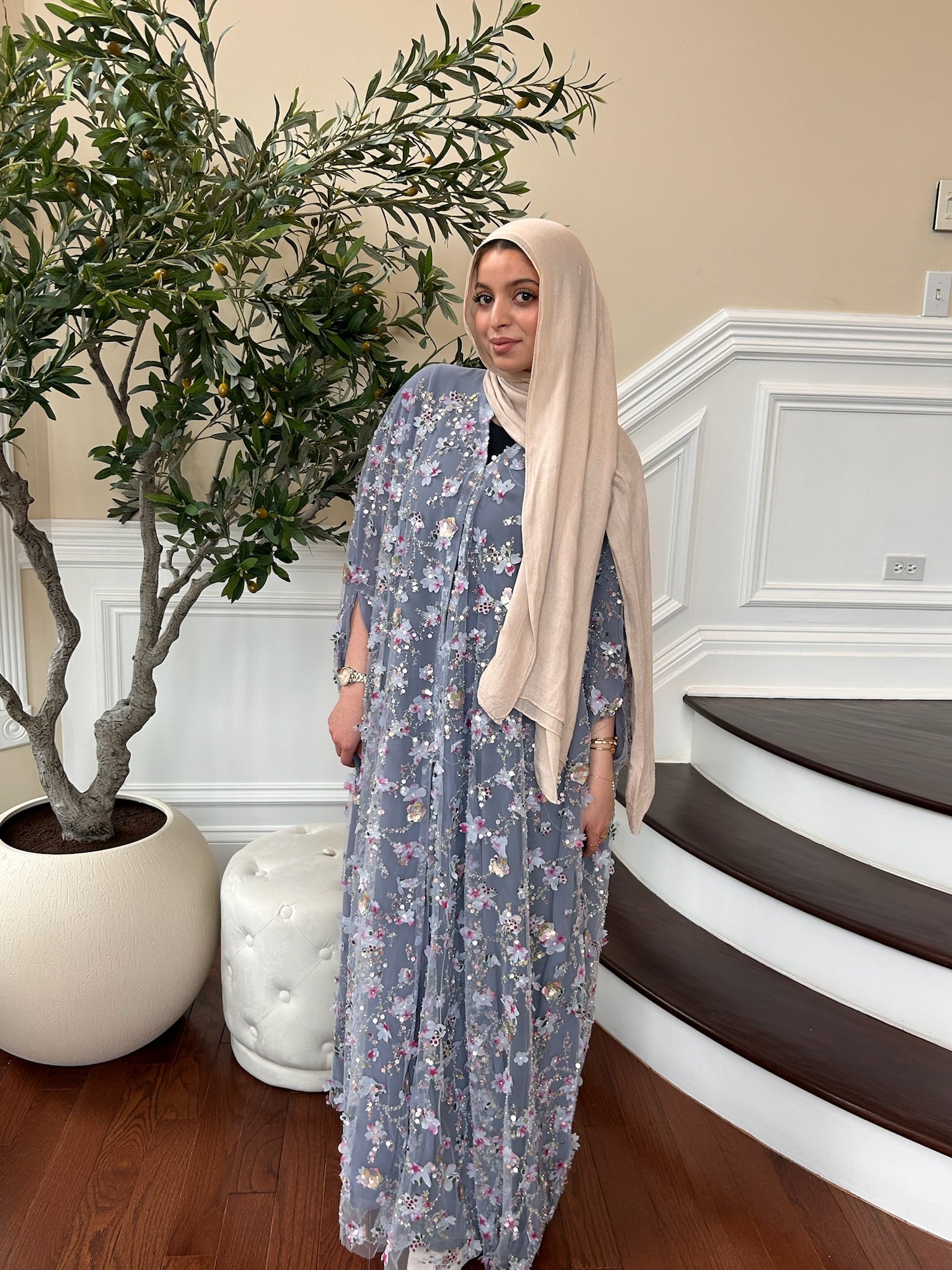 Elegant Light Blue Floral Dress