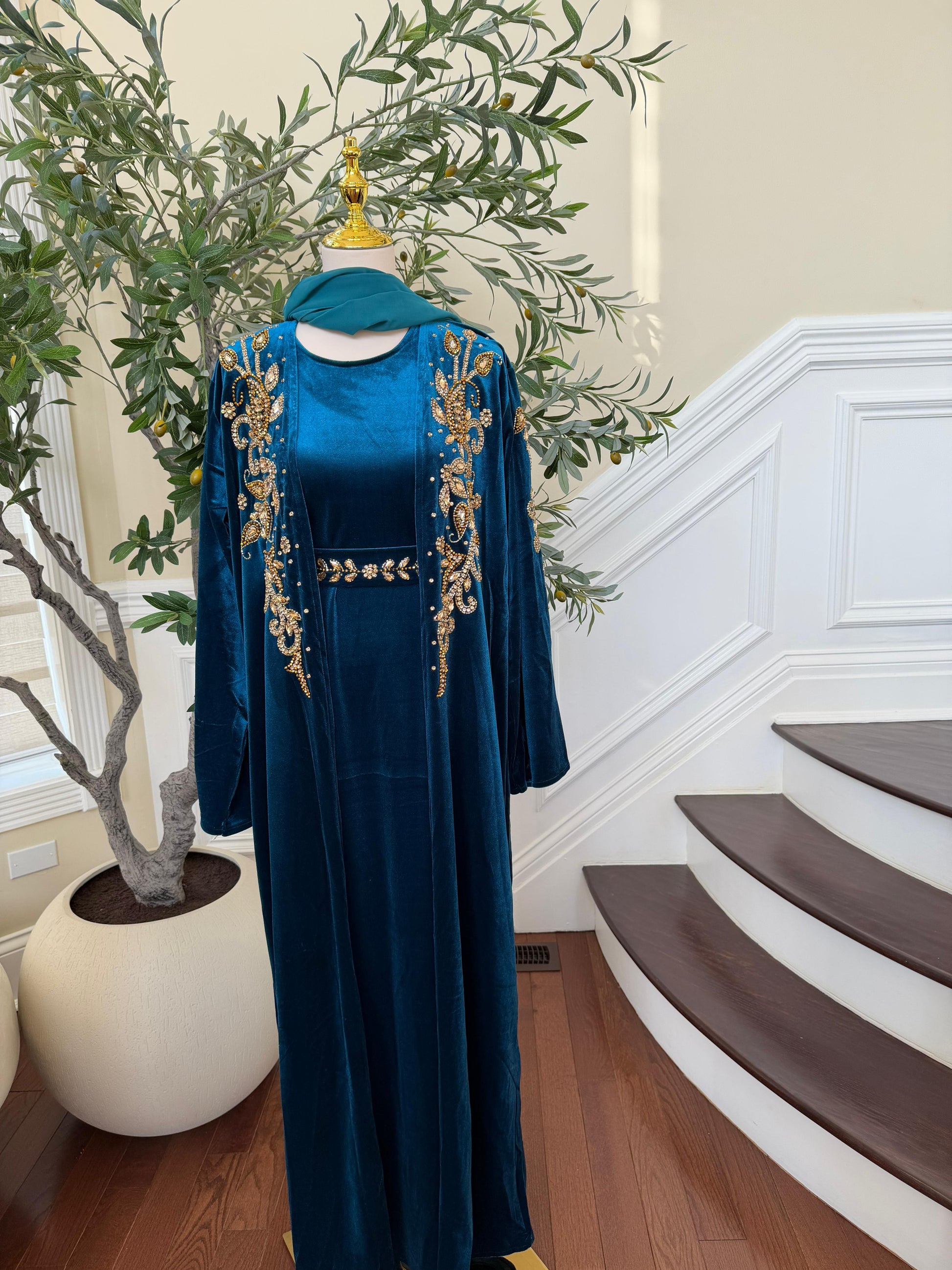 Turquoise Golden Crystal Two Piece Beaded Abaya