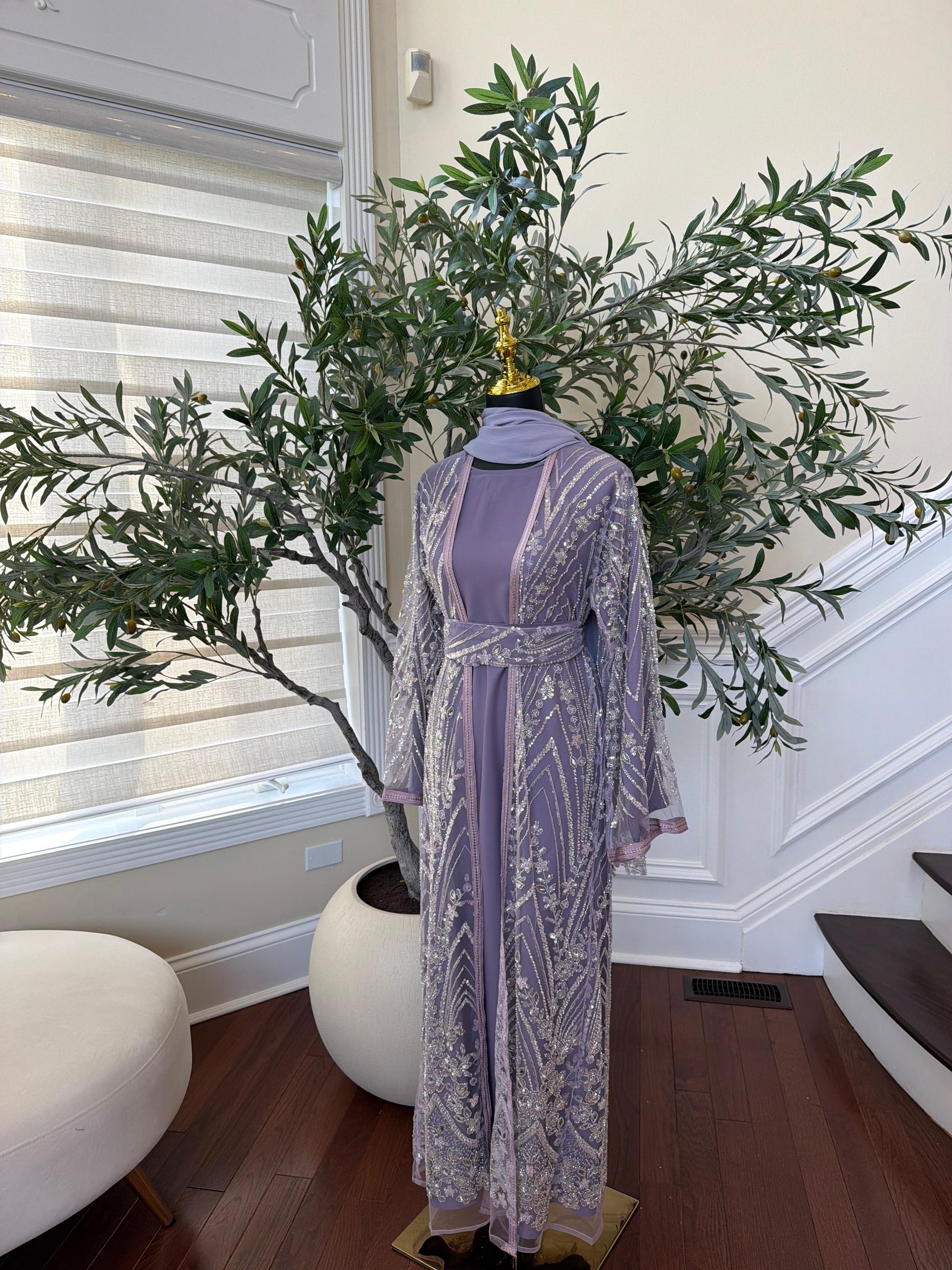 Lavender Sparkle Beaded Cardigan Abaya