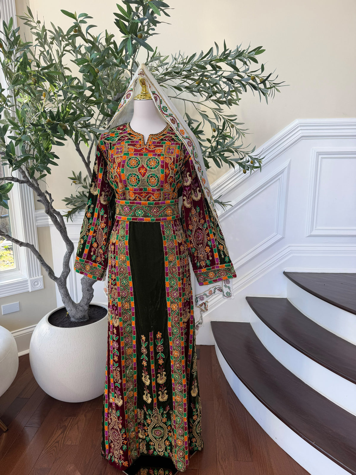 Elegant Black Velvet Thobe with Vibrant Multicolor Traditional Embroidery(scarf not included)