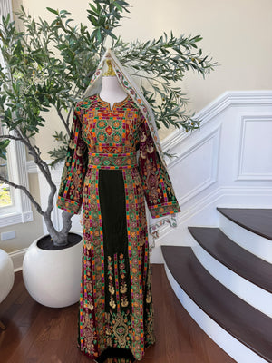 Elegant Black Velvet Thobe with Vibrant Multicolor Traditional Embroidery(scarf not included)
