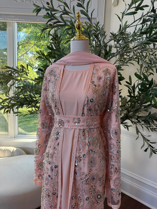 Peach Floral Sequin Detail Abaya
