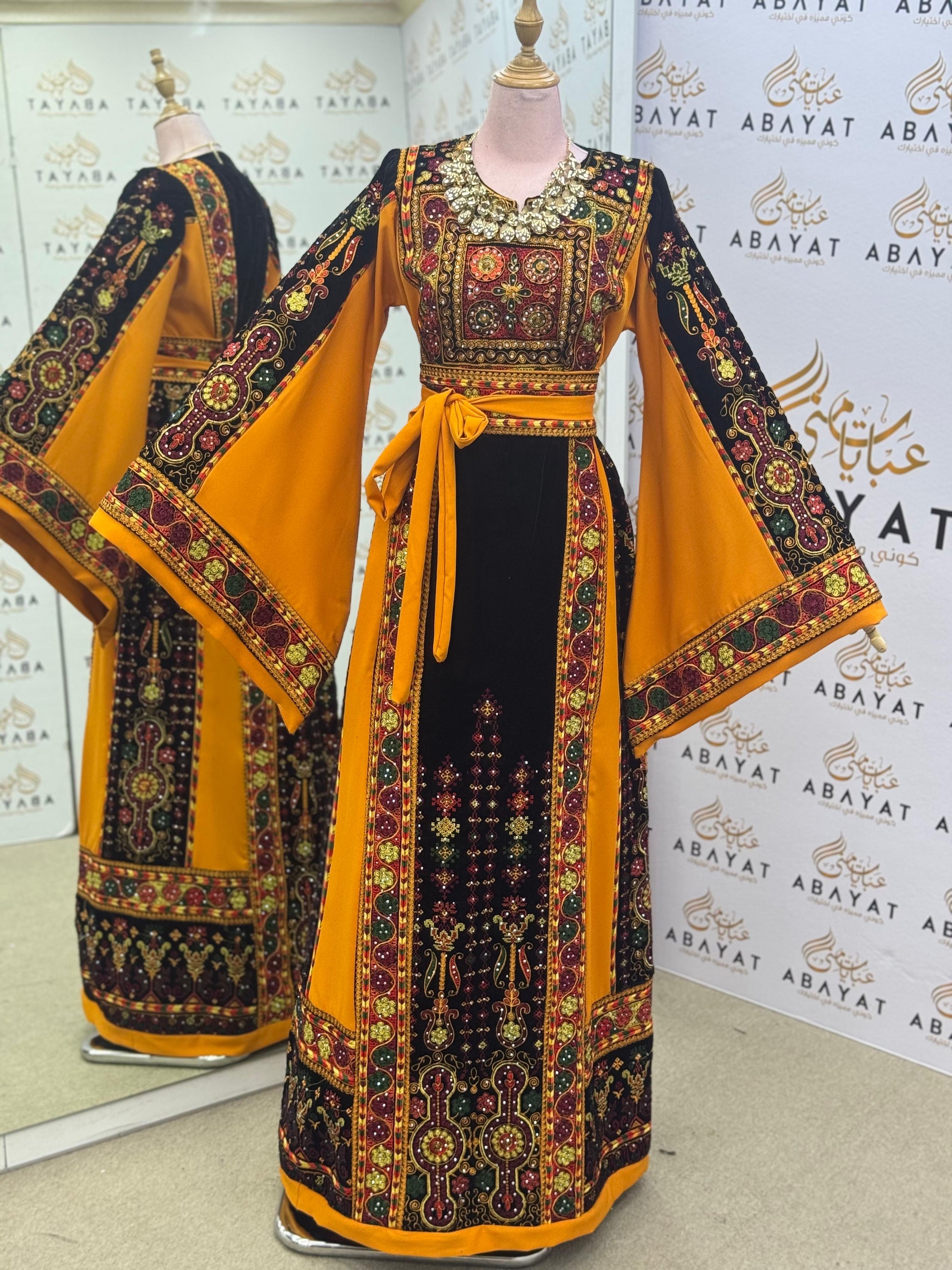 Premium Palestinian Malakah Thobe – Bright Mustard & Black Embroidery