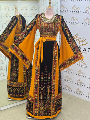 Premium Palestinian Malakah Thobe – Bright Mustard & Black Embroidery