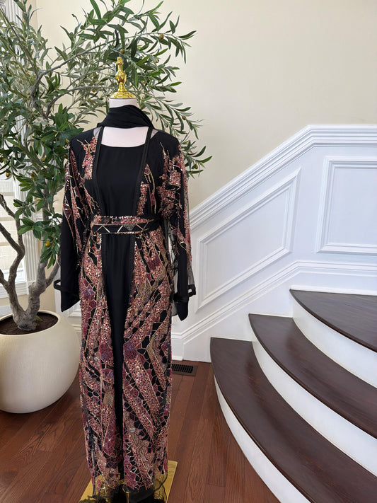 Black Sparkle Rose Beaded Cardigan Abaya