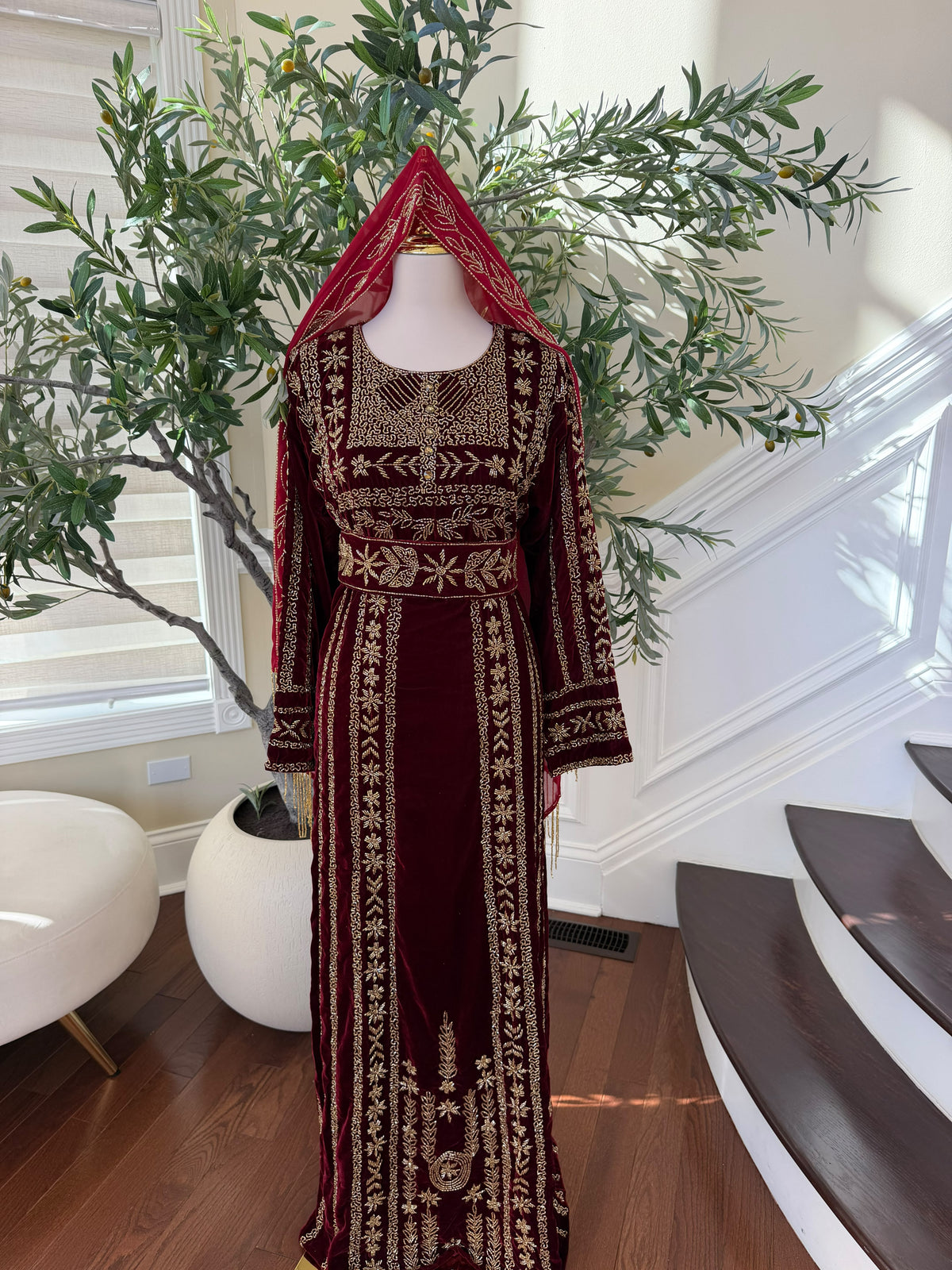 Elegant Burgundy Velvet Palestinian Thobe with Intricate Gold Embroidery( scarf not included)