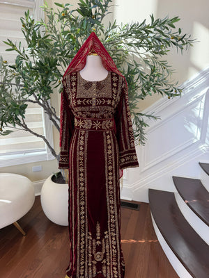 Elegant Burgundy Velvet Palestinian Thobe with Intricate Gold Embroidery( scarf not included)