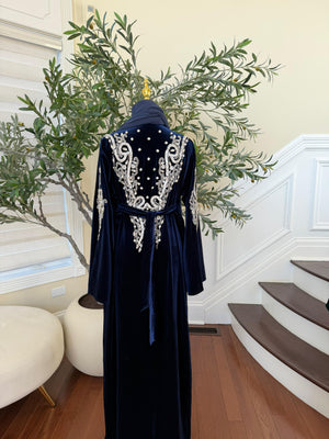 Navy Blue Velvet Beaded Stone Charm Abaya