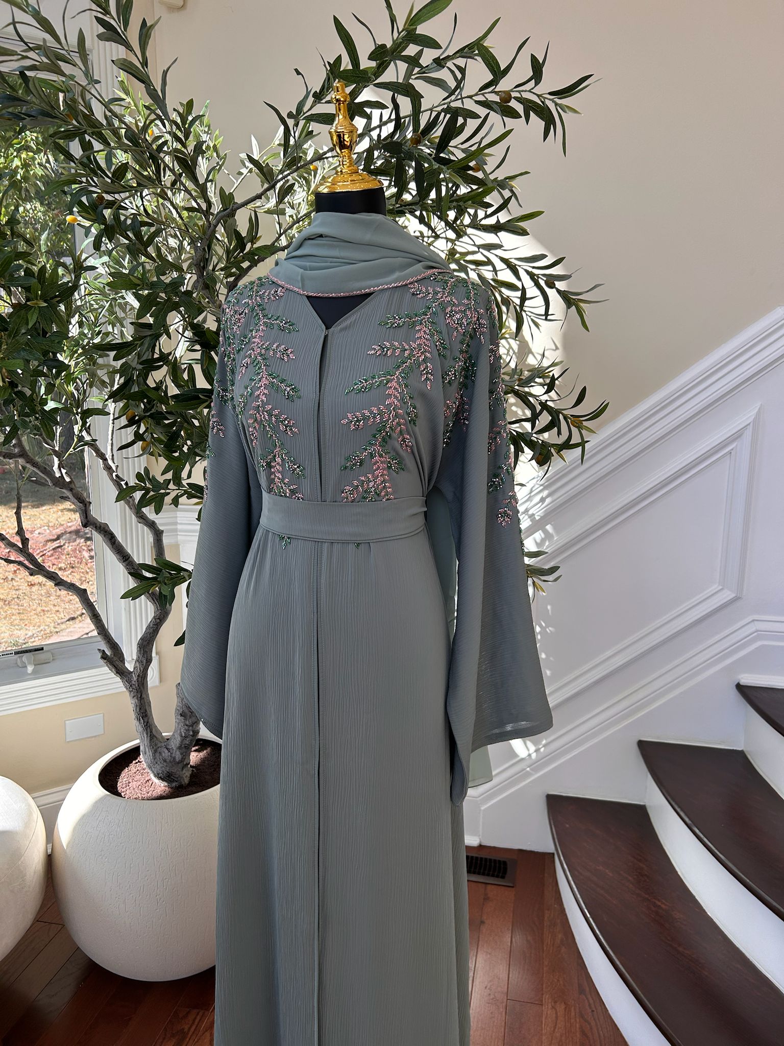 Mint Green Elegance Beaded Charm Abaya